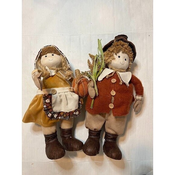 Set of 2 Pilgrim Thanksgiving Fabric Dolls Fall Harvest Farmhouse Country Decor - Picture 3 of 4